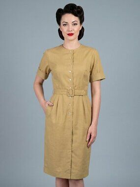 Vintage Sue Brett 50s Tan Linen Shirtwaist Dress Wiggle Midi Belted Rockabilly M